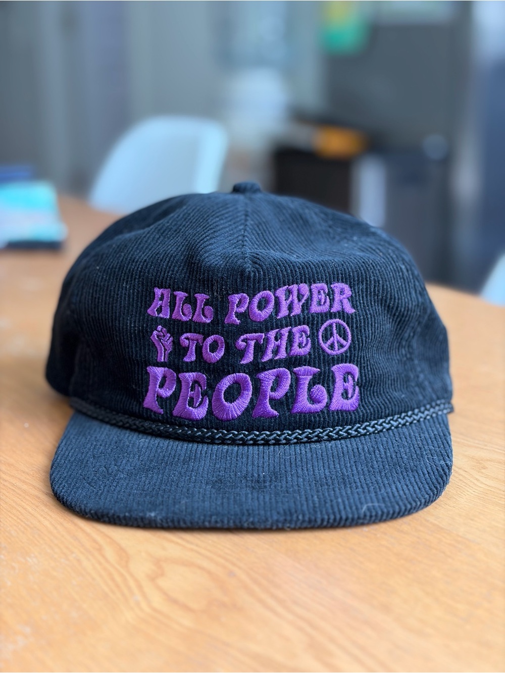 Black Corduroy snapback Hat with Purple "All Power To The People" Embroidery
